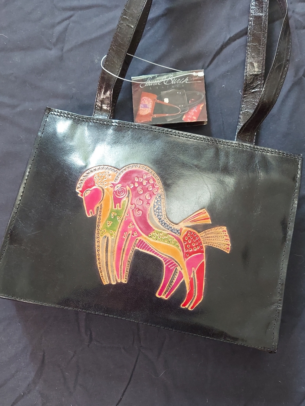 Laurel Burch Black Leather Tote with Colorful Horse Motif - NWT